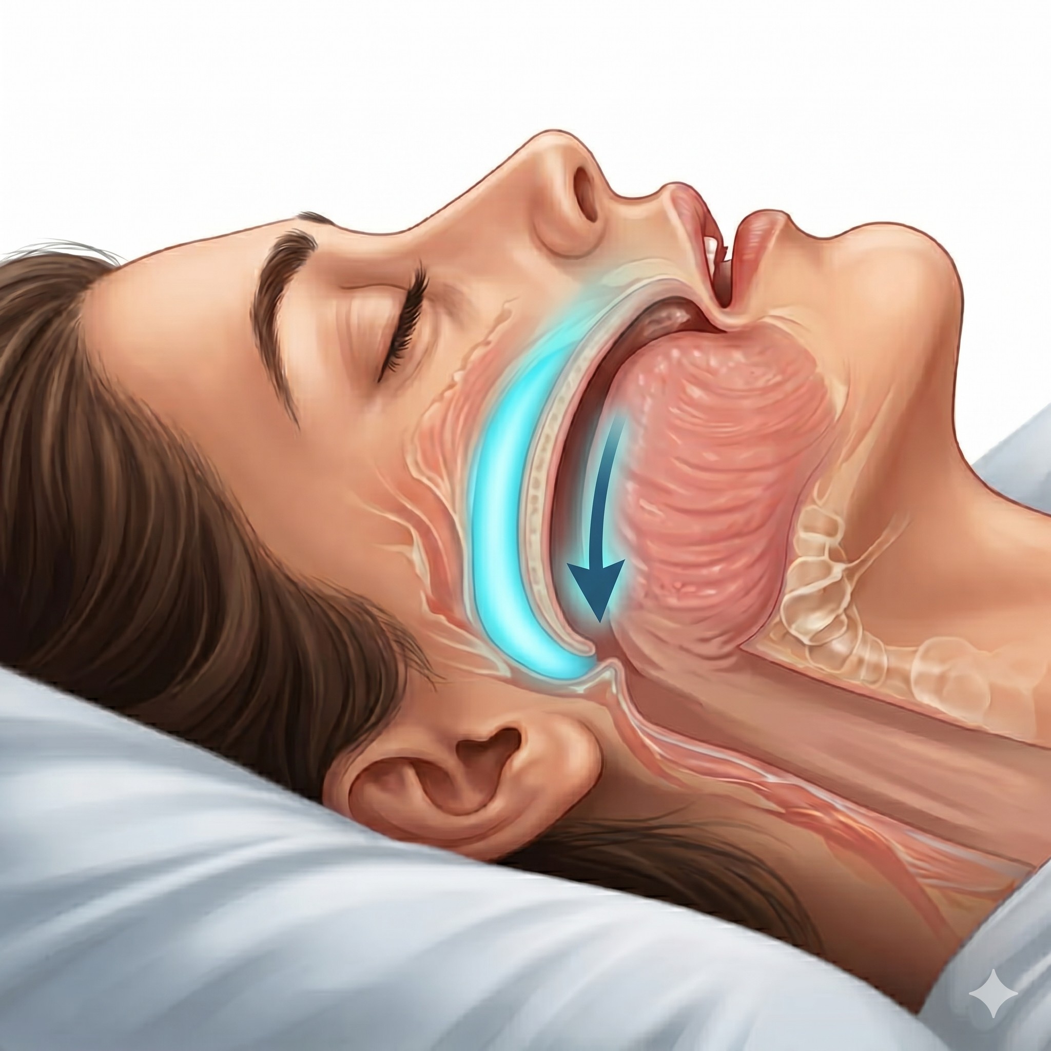 口が開いて気道が狭くなるイメージ